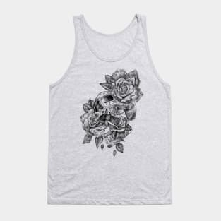 black and white ink line drawing skull and roses 2 Tank Top